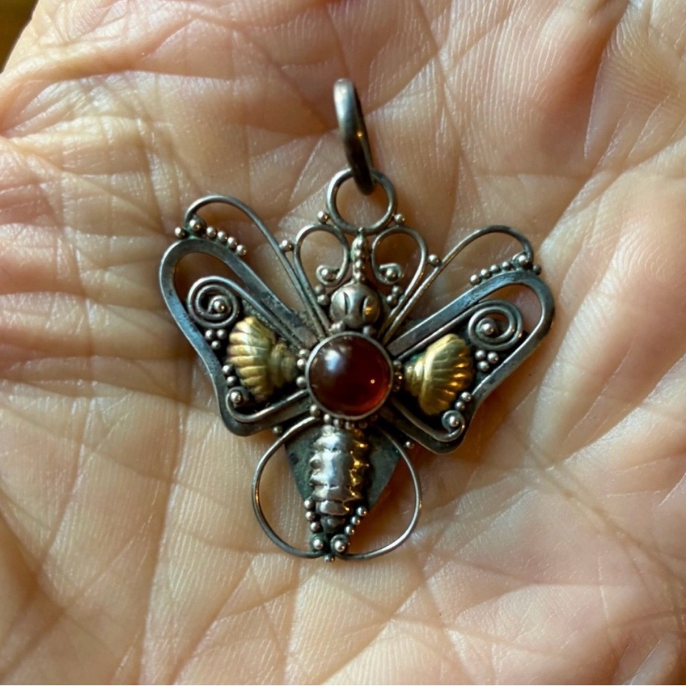 Sterling Silver Amber Moth Pendant 925 Y2K Artisan Boho Necklace Charm - Picture 3 of 5